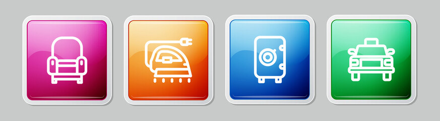 Set line Armchair, Electric iron, Safe and Taxi car. Colorful square button. Vector