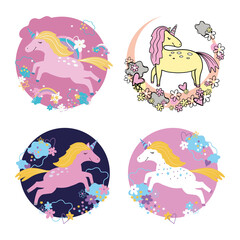 set of illustrations with cute unicorns, vector