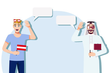 The concept of international communication, sports, education, business between Austria and Qatar. Men with Austrian and Qatari flags. Vector illustration.