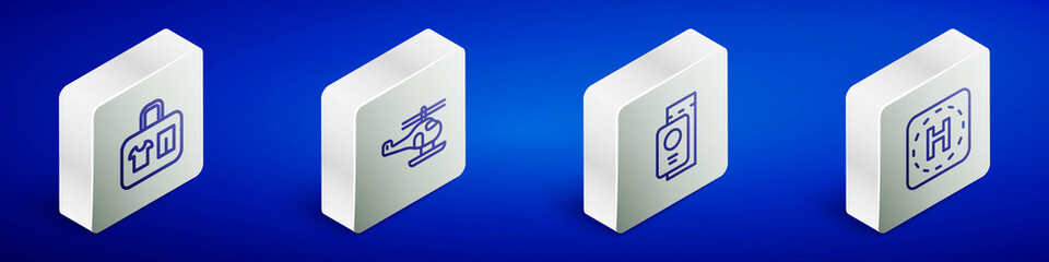 Set Isometric line Suitcase, Helicopter, Passport with ticket and landing pad icon. Vector