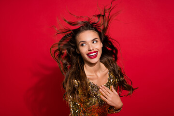 Photo of grateful popular stunning lady hand chest hollywood smile wear golden dress isolated red color background