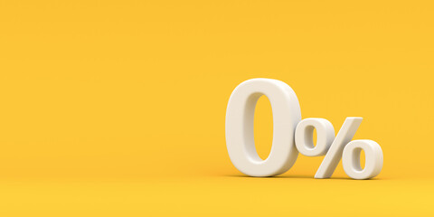 Shiny zero percent on a yellow background. 3d render illustration for advertising.