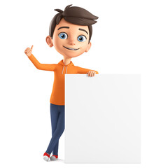 Character cartoon boy in an orange sweatshirt leaned against an empty stand and shows a thumb up. 3d render illustration.