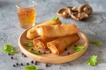 Deep fried spring rolls stuffed vegetable, mushroom and glass noodle, Chinese vegetarian food festival 