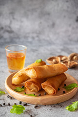 Deep fried spring rolls stuffed vegetable, mushroom and glass noodle, Chinese vegetarian food festival 