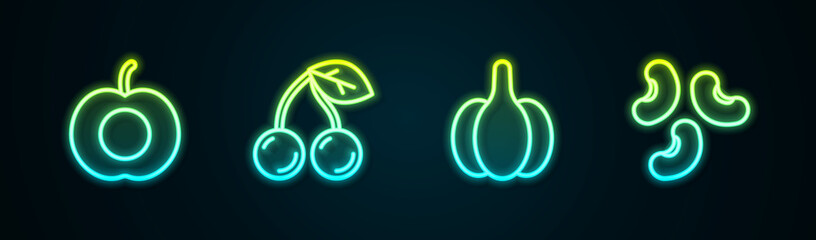 Set line Peach fruit, Cherry, Garlic and Beans. Glowing neon icon. Vector