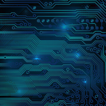 Circuit board background. Technology concept, dark background. Analog circuit. Electronic computer technology, digital chip. Banner, presentation. Space for text, copy space. Vector design
