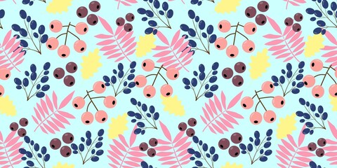 Leaves and berries pattern. Seamless pattern with pink rowan leaves, yellow oak leaves with berries. Autumn blue background with leaves and berries. For textile, paper, wallpaper, packaging. 