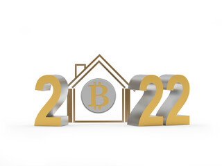 Golden house icon with bitcoin and number 2022.3d illustration 