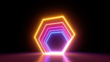 Fototapeta premium 3d render, abstract modern minimal geometric background with neon hexagonal shapes glowing in the dark. Empty stage, showcase with blank frame for product presentation