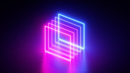 3d render, abstract minimal geometric background with colorful neon squares, pink blue lines glowing in the dark