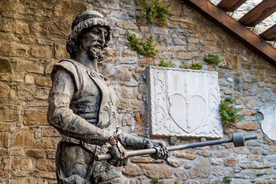 Statue of Michez (Michael), a zinc automaton figure once atop the cityhall, now in the courtyard of the castle of Trieste, Trieste, Friuli Venezia Giulia region, Italy