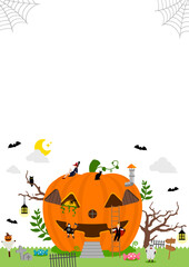 Halloween motif pumpkin house illustration with costume kids (poster size) | no text