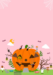 Halloween motif pumpkin house illustration with costume kids (poster size) | no text