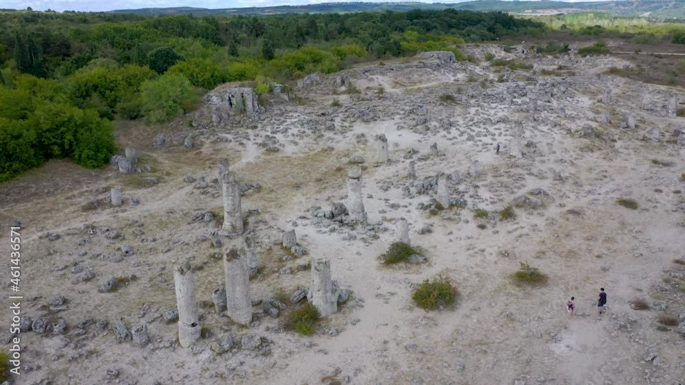 Wall mural Drone video of Pobiti Kamani rock formations called Stone Desert or Stone Forest in Bulgaria