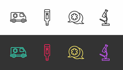 Set line Emergency car, Digital thermometer, Dialogue with doctor and Microscope on black and white. Vector