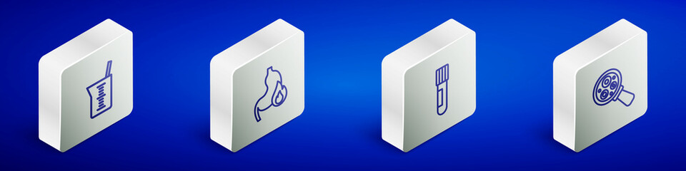 Set Isometric line Laboratory glassware or beaker, Stomach heartburn, Test tube and flask and Microorganisms under magnifier icon. Vector