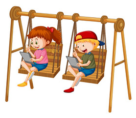 Kids leaning online with tablet on swing chair