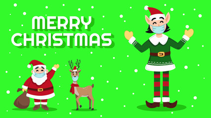 Funny elf happily waving hand while wearing protective face mask. Elf ready for Christmas while wearing mask cause of pandemic. Modern elf in Christmas flat vector illustration. 2021 New normal.