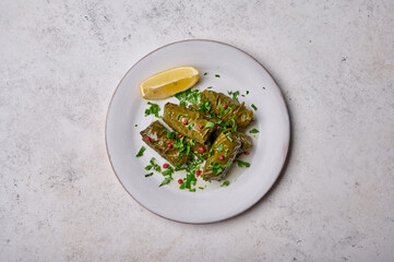 Dolma, stuffed grape leaves with rice, meat, parsley, pepper and lemon in white plate. Top view. Light wooden background with copy space