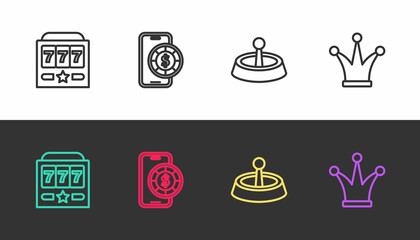 Set line Slot machine with jackpot, Online poker table game, Casino roulette wheel and Joker playing card on black and white. Vector