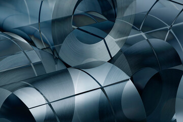 steel coils in warehouse, sylized background, heavy industries