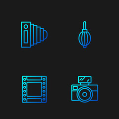 Set line Photo camera with flash, Camera roll cartridge, and Dust blower. Gradient color icons. Vector