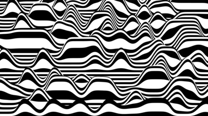 Trendy 3D zebra black and white stripes distorted backdrop. Procedural ripple background with optical illusion effect