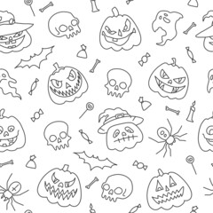 Seamless pattern, background Vector illustration,outline drawings halloween party elements. Set of icons in cartoon style.