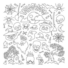 Obraz premium Vector illustration,outline drawings halloween party elements. Set of icons in cartoon style.