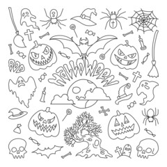 Vector illustration,outline drawings halloween party elements. Set of icons in cartoon style.