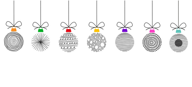 Modern background with hanging Christmas balls of linear black circles handwritten isolated on a white background. Holiday Vector illustration © Elena