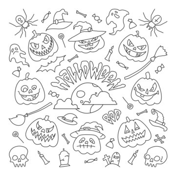 Vector illustration,outline drawings halloween party elements. Set of icons in cartoon style.