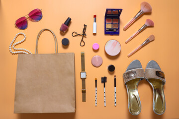 Creative flat lay composition of woman fashion and beauty accessories