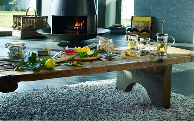 table setting with herbal tea and ingredients
