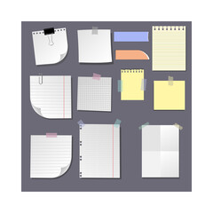 Realistic blank sticky notes with clip binder and adhesive tape. Colored sheets of note papers. Paper reminder. Vector illustration