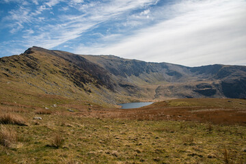 National park Snowdonia in Wales. Lakes hidden in mountain valleys.