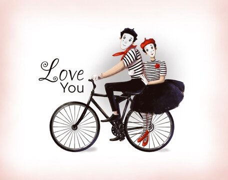 couple clown mime riding bicycle valentines card, watercolor style illustration with cartoon character