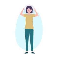 Girl with glass ball on head, derealization concept. Psychological issues. Mental illness and problem. Anxiety, depression, mood disorder, depersonalization. Vector isolated flat illustration