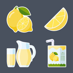 Fresh Lemon Fruit and Lemonade Sticker Set. Flat Style collection: lemon slice and whole fruit, lemon juice packages