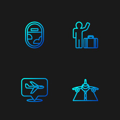 Set line Plane, , Airplane window and Tourist with suitcase. Gradient color icons. Vector