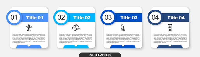 Set line Plane, Globe with flying plane, No water bottle and Mobile ticket. Business infographic template. Vector