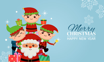 Cute Santa and Christmas elves celebrating holiday with gifts. Flat vector cartoon design