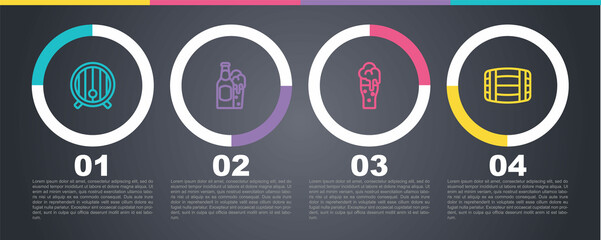 Set line Wooden barrel, Beer bottle and glass, Glass of beer and . Business infographic template. Vector