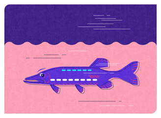 Pike in the river, minimalistic flat illustration