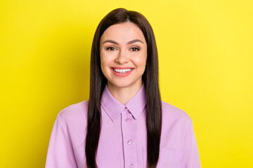 Fototapeta premium Portrait of attractive cheerful girl finance specialist ceo boss chief isolated over bright yellow color background