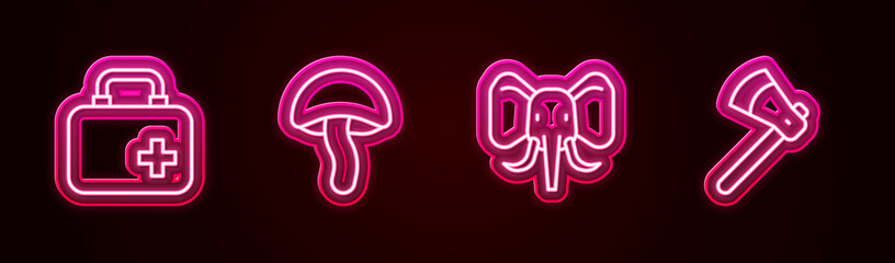 Set line First aid kit, Mushroom, Elephant and Wooden axe. Glowing neon icon. Vector