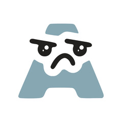 Letter a kawaii character with sad face, vector clipart
