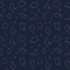 Seamless pattern on the theme of Halloween. Vector drawing casts. White lineart on a dark blue background.