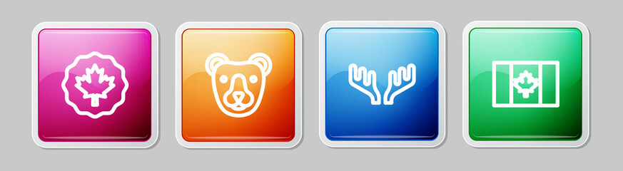 Set line Canadian maple leaf, Bear head, Deer antlers and Flag of Canada. Colorful square button. Vector